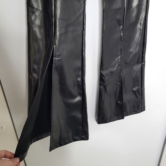 SOLD - NWT Commense Black Faux Leather High Waist Split Hem Stretchy Flare Pants - Picture 7 of 10